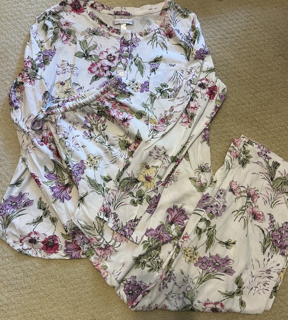 Carole Hochman 2-Piece Pajama Set Long Sleeve Top Pants White Floral S M